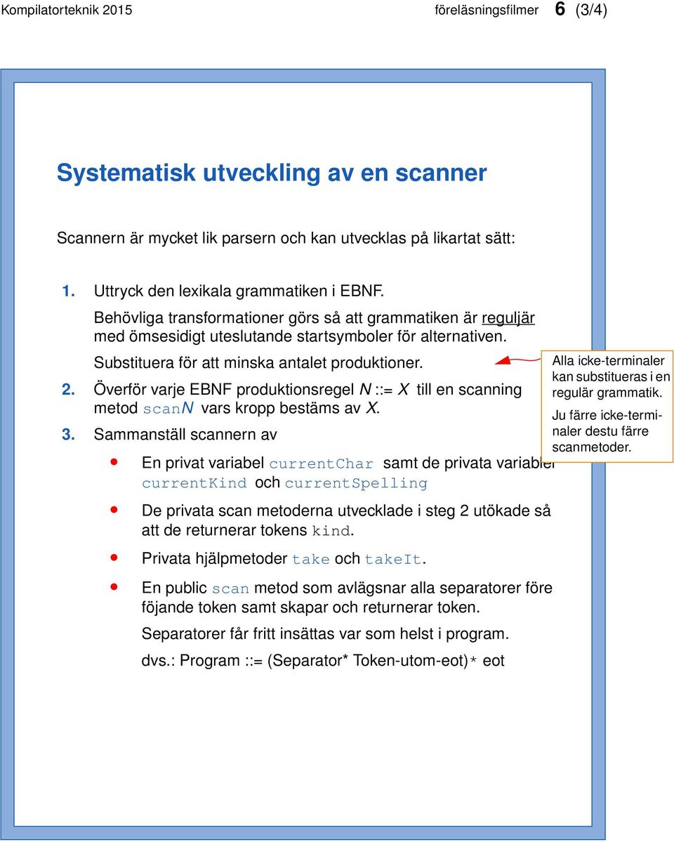 Överför varje EBNF produktionsregel N ::= X till en scanning metod scann vars kropp bestäms av X. 3.