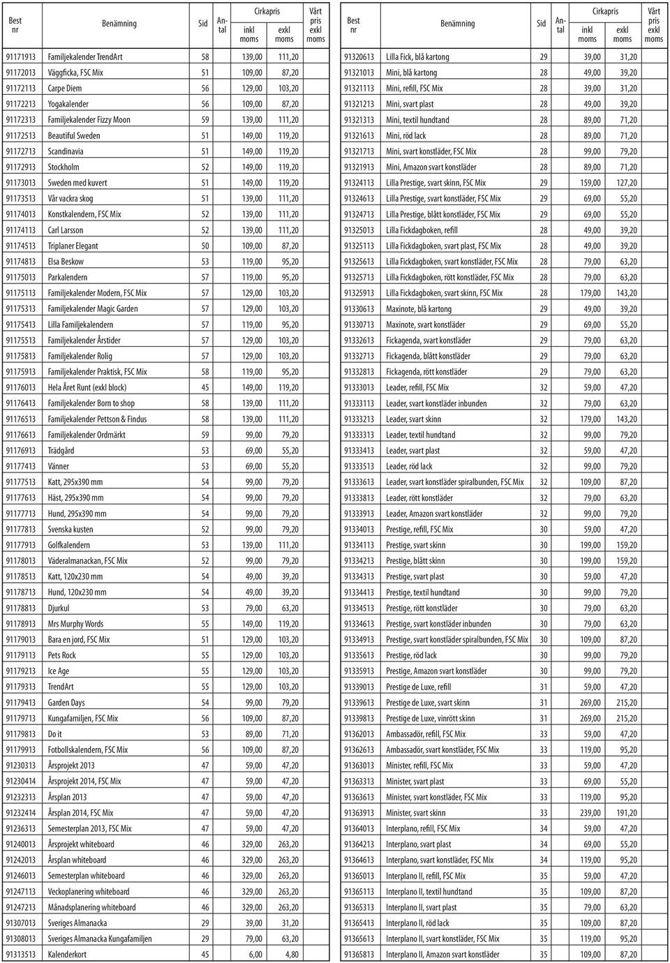 Vår vackra skog 51 139,00 111,20 91174013 Konstkalendern, FSC Mix 52 139,00 111,20 91174113 Carl Larsson 52 139,00 111,20 91174513 Triplaner Elegant 50 109,00 87,20 91174813 Elsa Beskow 53 119,00