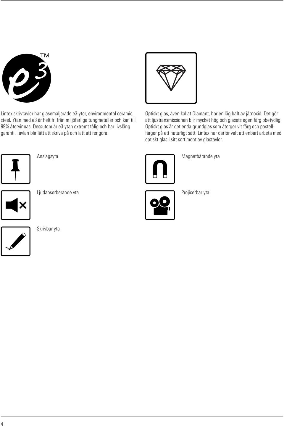 Optiskt glas, även kallat Diamant, har en låg halt av järnoxid. Det gör att ljustransmissionen blir mycket hög och glasets egen färg obetydlig.