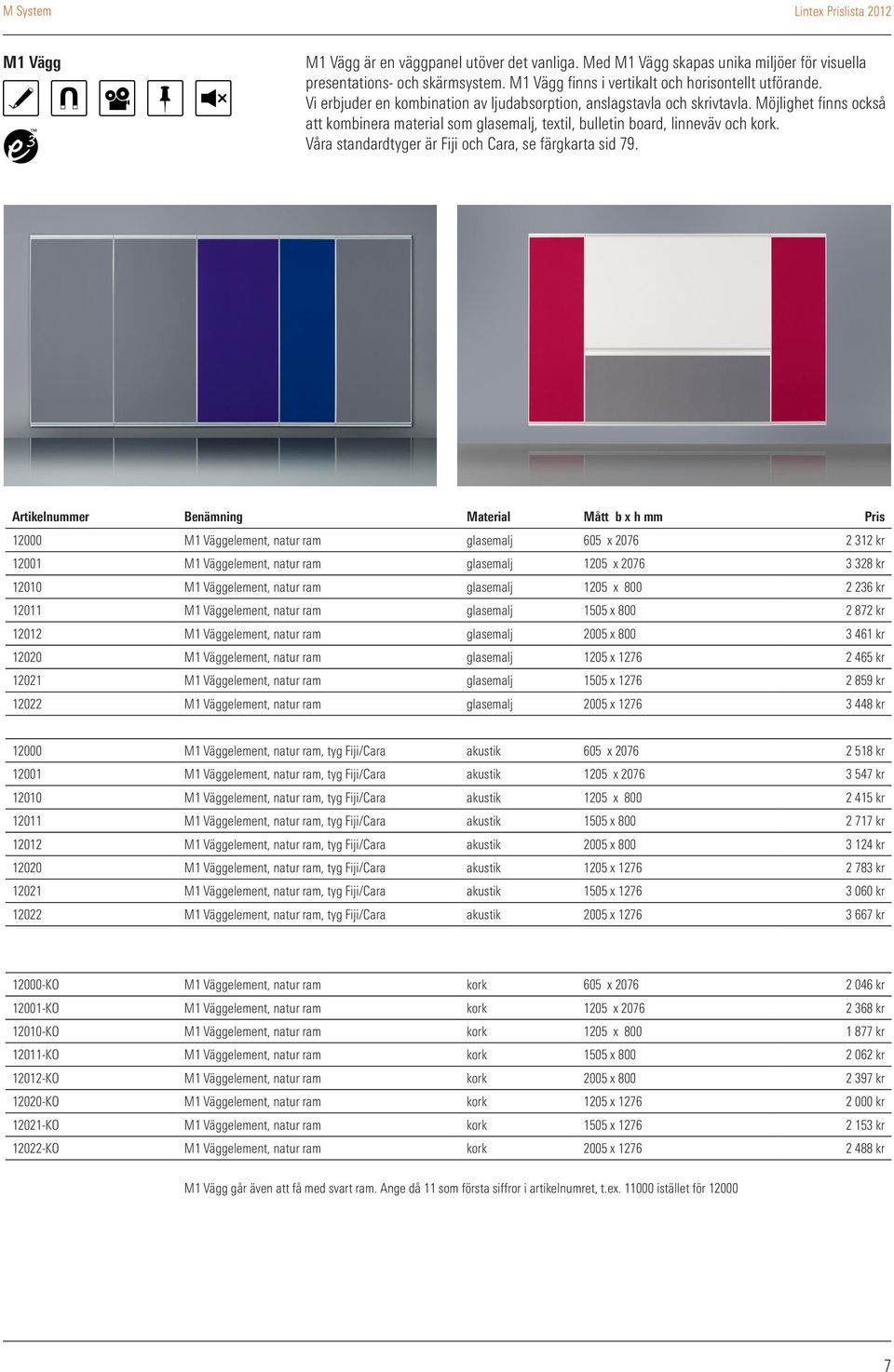 Möjlighet finns också att kombinera material som glasemalj, textil, bulletin board, linneväv och kork. Våra standardtyger är Fiji och Cara, se färgkarta sid 79.