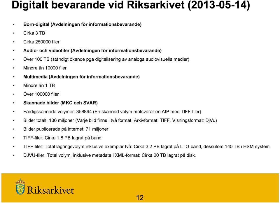 (En skannad volym motsvarar en AIP med TIFF-filer) Bilder totalt: 136 miljoner (Varje bild finns i två format. Arkivformat: TIFF.