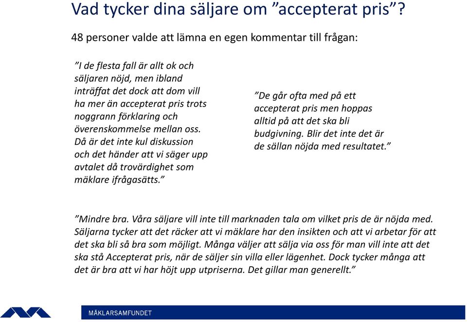 förklaring och överenskommelse mellan oss. Då är det inte kul diskussion och det händer att vi säger upp avtalet då trovärdighet som mäklare ifrågasätts.