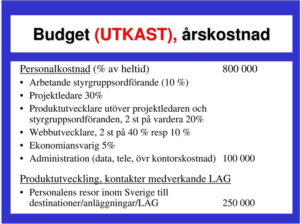 Webbutvecklare, 2 st på 40 % resp 10 % Ekonomiansvarig 5% Administration (data, tele, övr kontorskostnad) 100