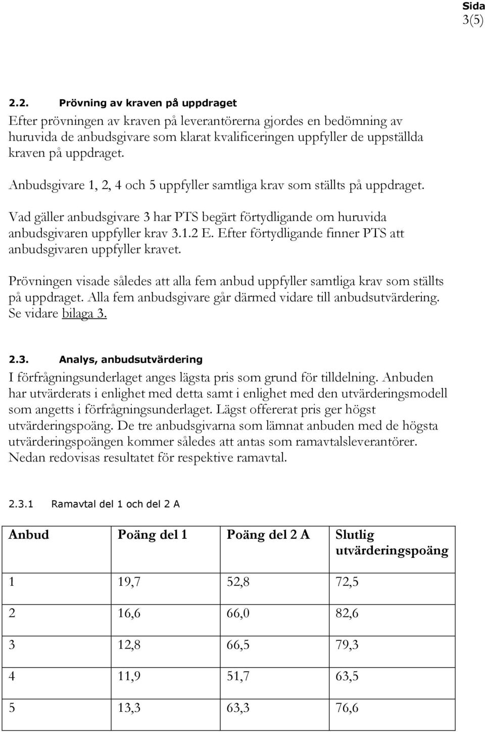 Anbudsgivare 1, 2, 4 och 5 uppfyller samtliga krav som ställts på uppdraget. Vad gäller anbudsgivare 3 har PTS begärt förtydligande om huruvida anbudsgivaren uppfyller krav 3.1.2 E.