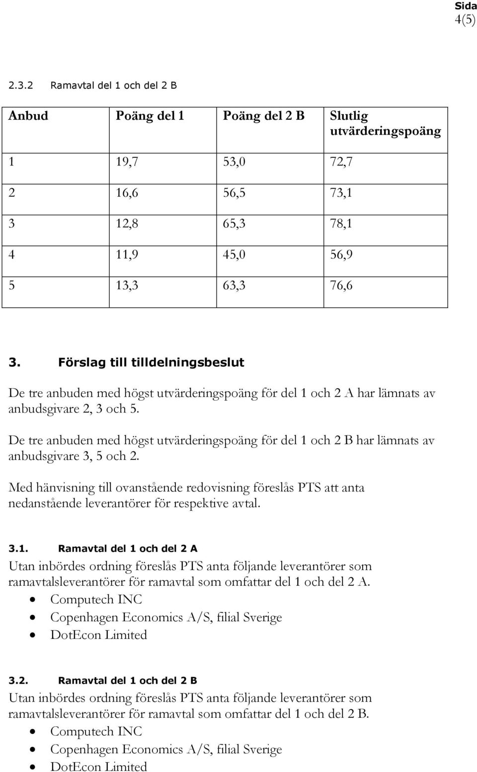 De tre anbuden med högst utvärderingspoäng för del 1 och 2 B har lämnats av anbudsgivare 3, 5 och 2.