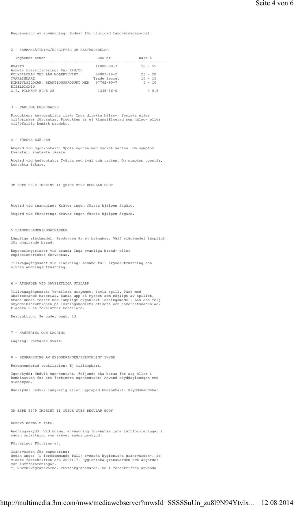 R48/20 POLYSILOXAN MED LÅG MOLEKYLVIKT 68083-19-2 23-28 TVÄRBINDARE Trade Secret 10-15 DIMETYLSILOXAN, REAKTIONSPRODUKT MED 67762-90-7 5-10 KISELDIOXID C.I. PIGMENT BLUE 28 1345-16-0 < 0.