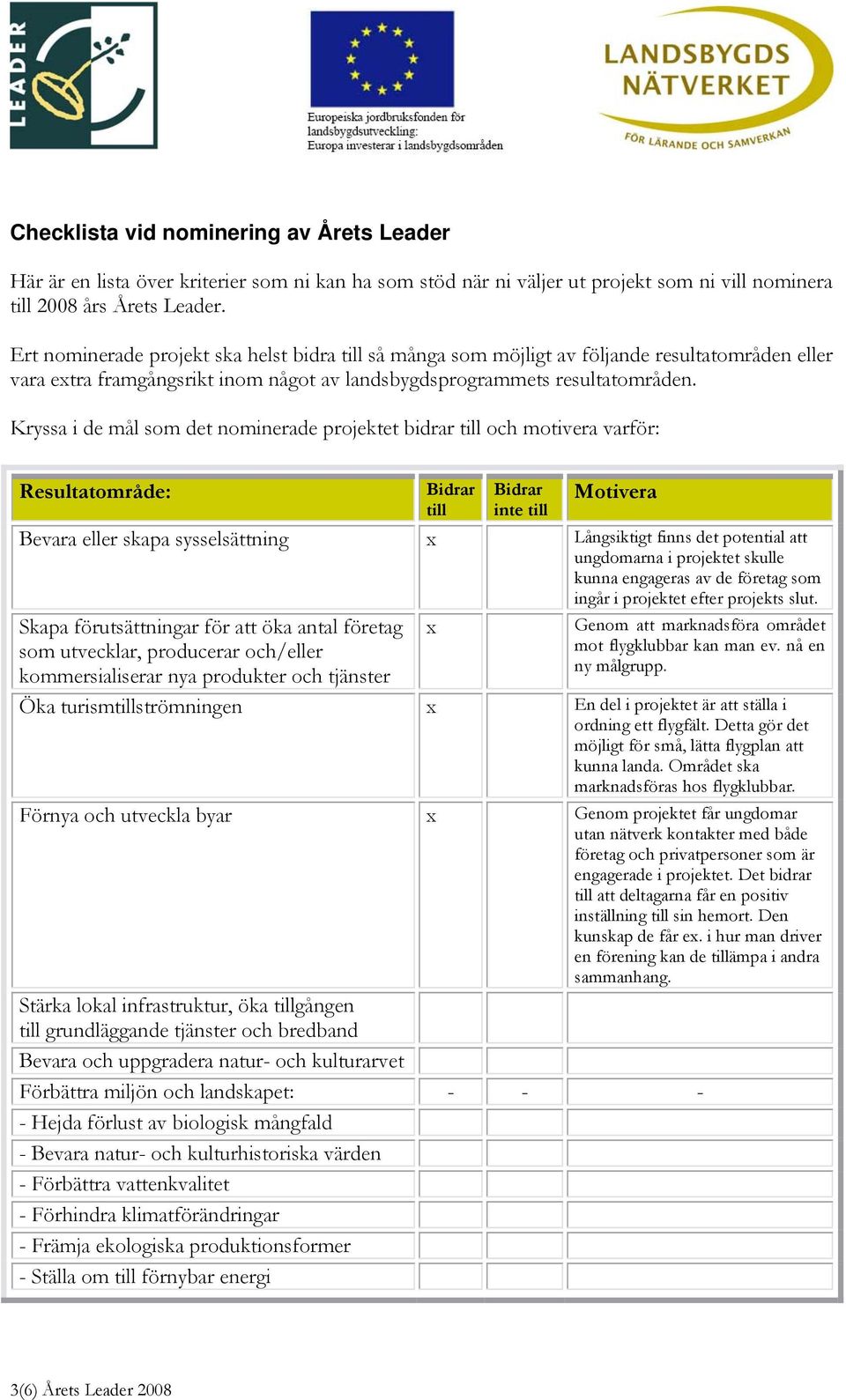 Kryssa i de mål som det nominerade projektet bidrar till och motivera varför: Resultatområde: till inte till Motivera Bevara eller skapa sysselsättning x Långsiktigt finns det potential att