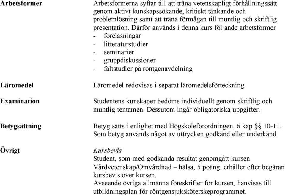 Därför används i denna kurs följande arbetsformer - föreläsningar - litteraturstudier - seminarier - gruppdiskussioner - fältstudier på röntgenavdelning Läromedel redovisas i separat