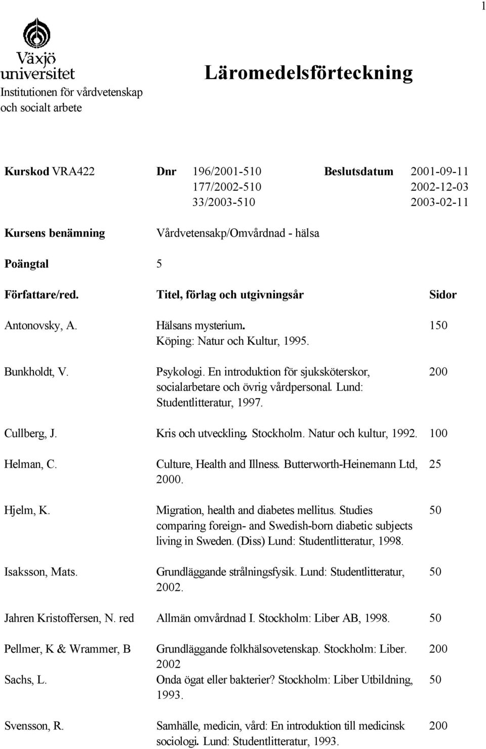 En introduktion för sjuksköterskor, socialarbetare och övrig vårdpersonal. Lund: Studentlitteratur, 1997. 1 Cullberg, J. Kris och utveckling. Stockholm. Natur och kultur, 1992. 100 Helman, C.