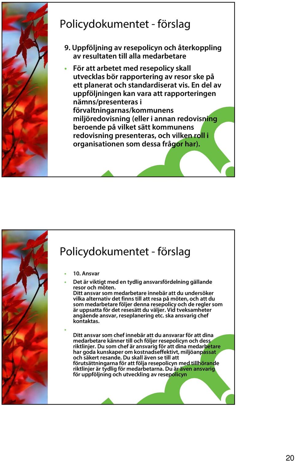 presenteras, och vilken roll i organisationen som dessa frågor har). 10. Ansvar Det är viktigt med en tydlig ansvarsfördelning gällande resor och möten.