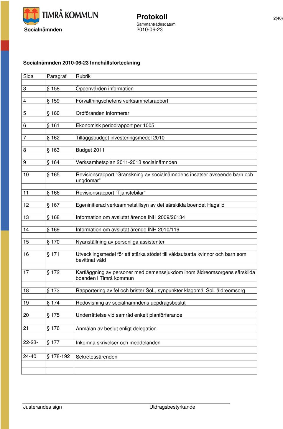 ungdomar 11 166 Revisionsrapport Tjänstebilar 12 167 Egeninitierad verksamhetstillsyn av det särskilda boendet Hagalid 13 168 Information om avslutat ärende INH 2009/26134 14 169 Information om