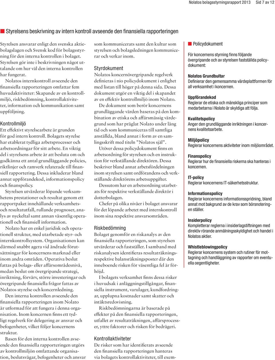 Nolatos internkontroll avseende den finansiella rapporteringen omfattar fem huvudaktiviteter: Skapande av en kontrollmiljö, riskbedömning, kontrollaktiviteter, information och kommunikation samt
