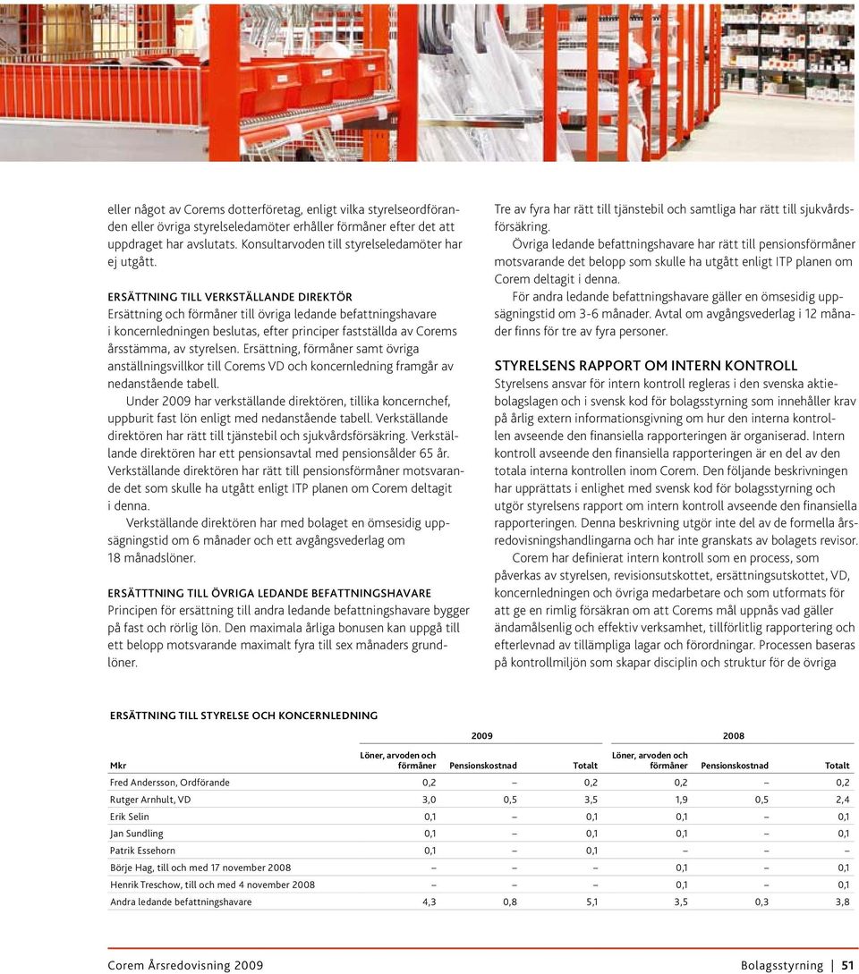 Ersättning till verkställande direktör Ersättning och förmåner till övriga ledande befattningshavare i koncernledningen beslutas, efter principer fastställda av Corems årsstämma, av styrelsen.