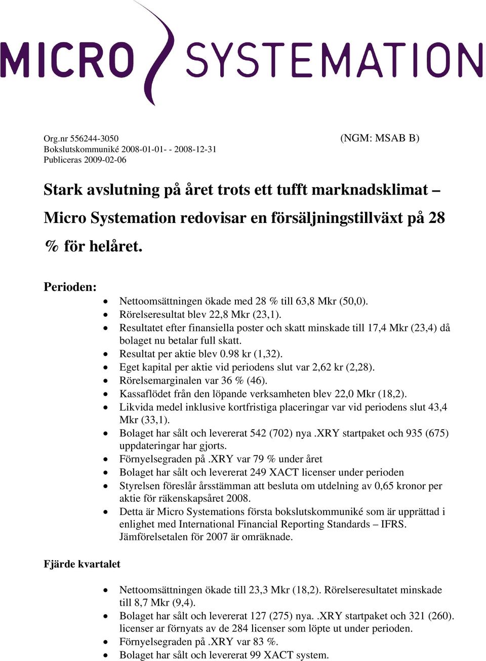Resultatet efter finansiella poster och skatt minskade till 17,4 Mkr (23,4) då bolaget nu betalar full skatt. Resultat per aktie blev 0.98 kr (1,32).