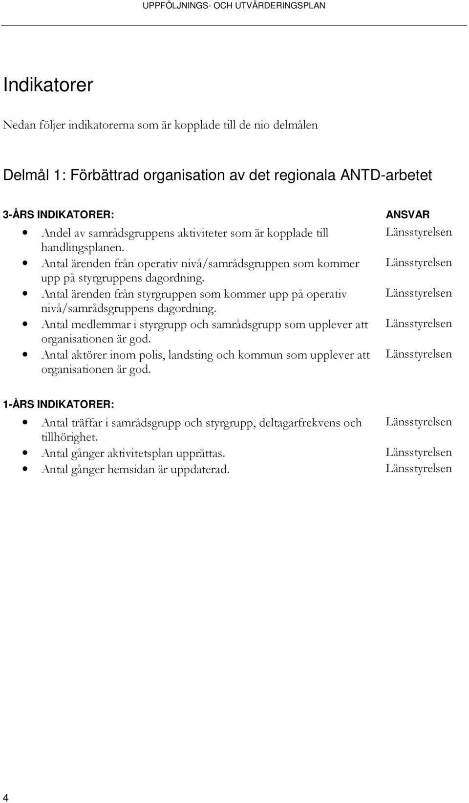 Antal ärenden från styrgruppen som kommer upp på operativ nivå/samrådsgruppens dagordning. Antal medlemmar i styrgrupp och samrådsgrupp som upplever att organisationen är god.