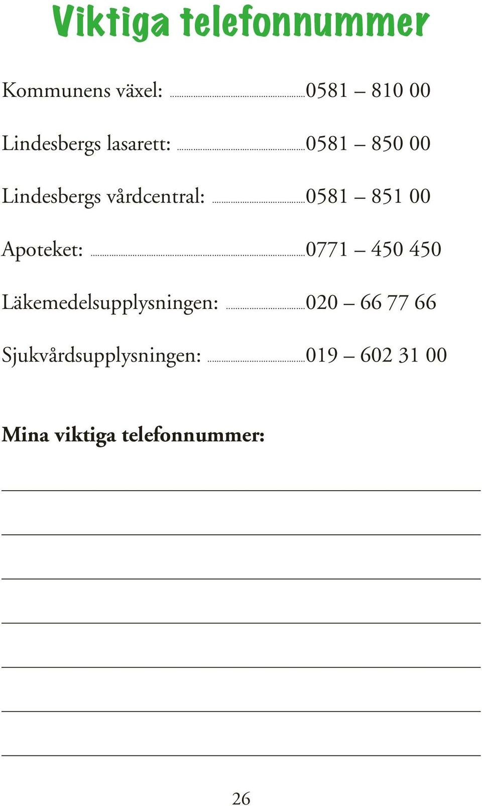 ..0581 850 00 Lindesbergs vårdcentral:...0581 851 00 Apoteket:.