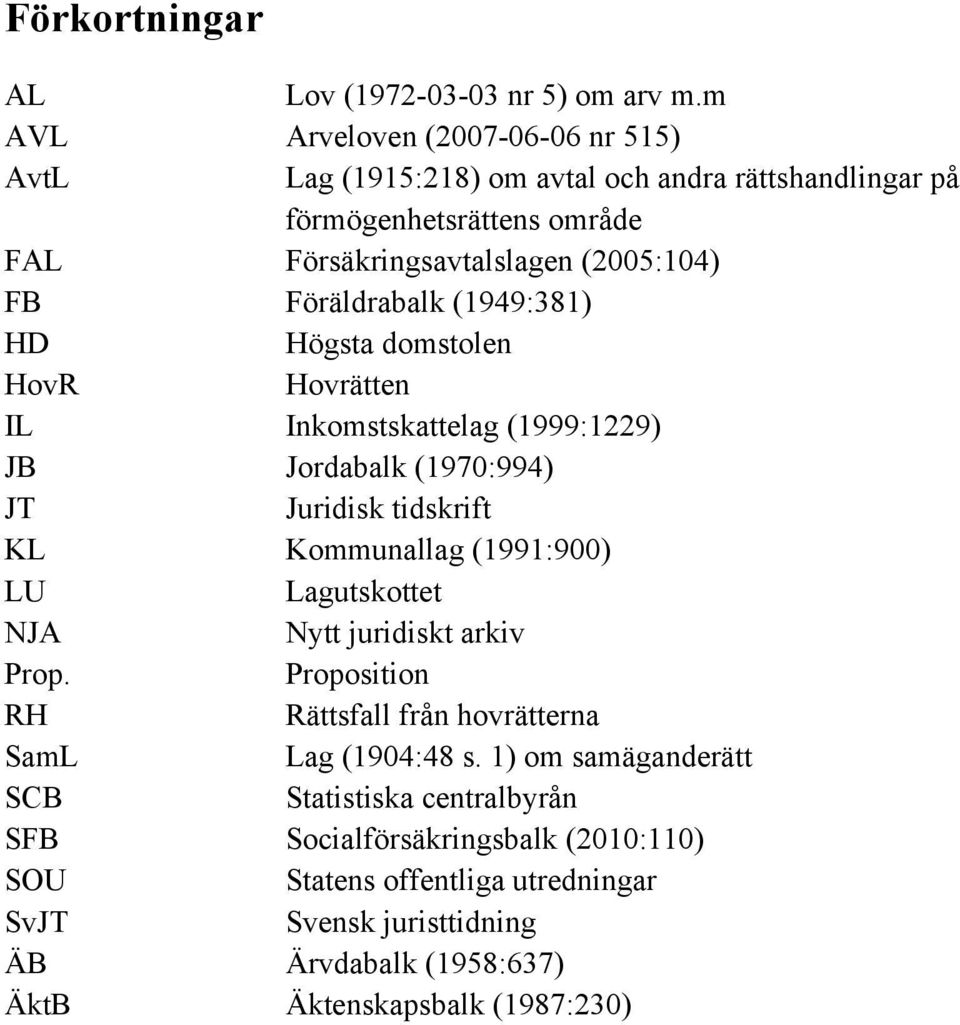 Föräldrabalk (1949:381) HD Högsta domstolen HovR Hovrätten IL Inkomstskattelag (1999:1229) JB Jordabalk (1970:994) JT Juridisk tidskrift KL Kommunallag (1991:900) LU