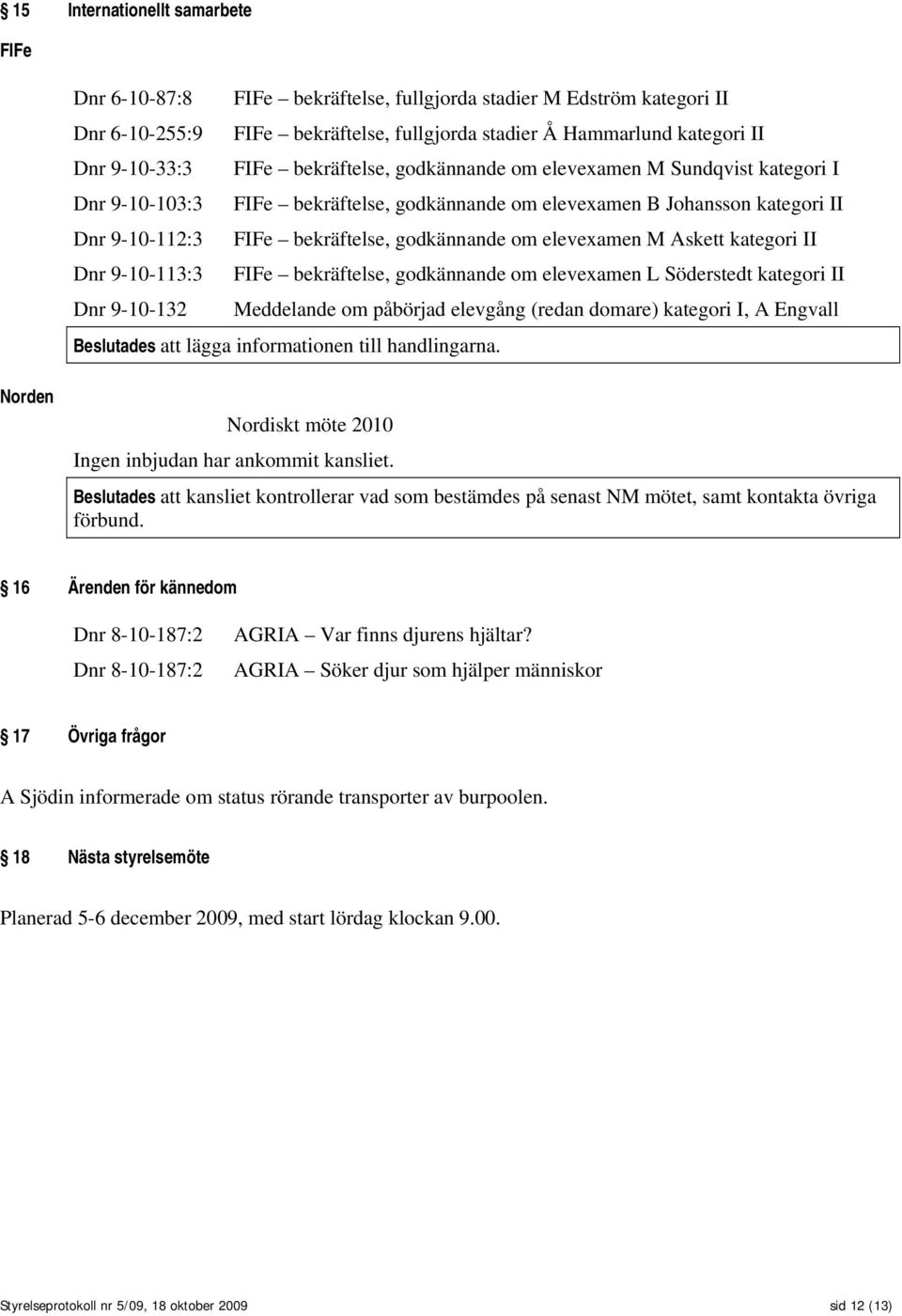 elevexamen M Askett kategori II Dnr 9-10-113:3 FIFe bekräftelse, godkännande om elevexamen L Söderstedt kategori II Dnr 9-10-132 Meddelande om påbörjad elevgång (redan domare) kategori I, A Engvall