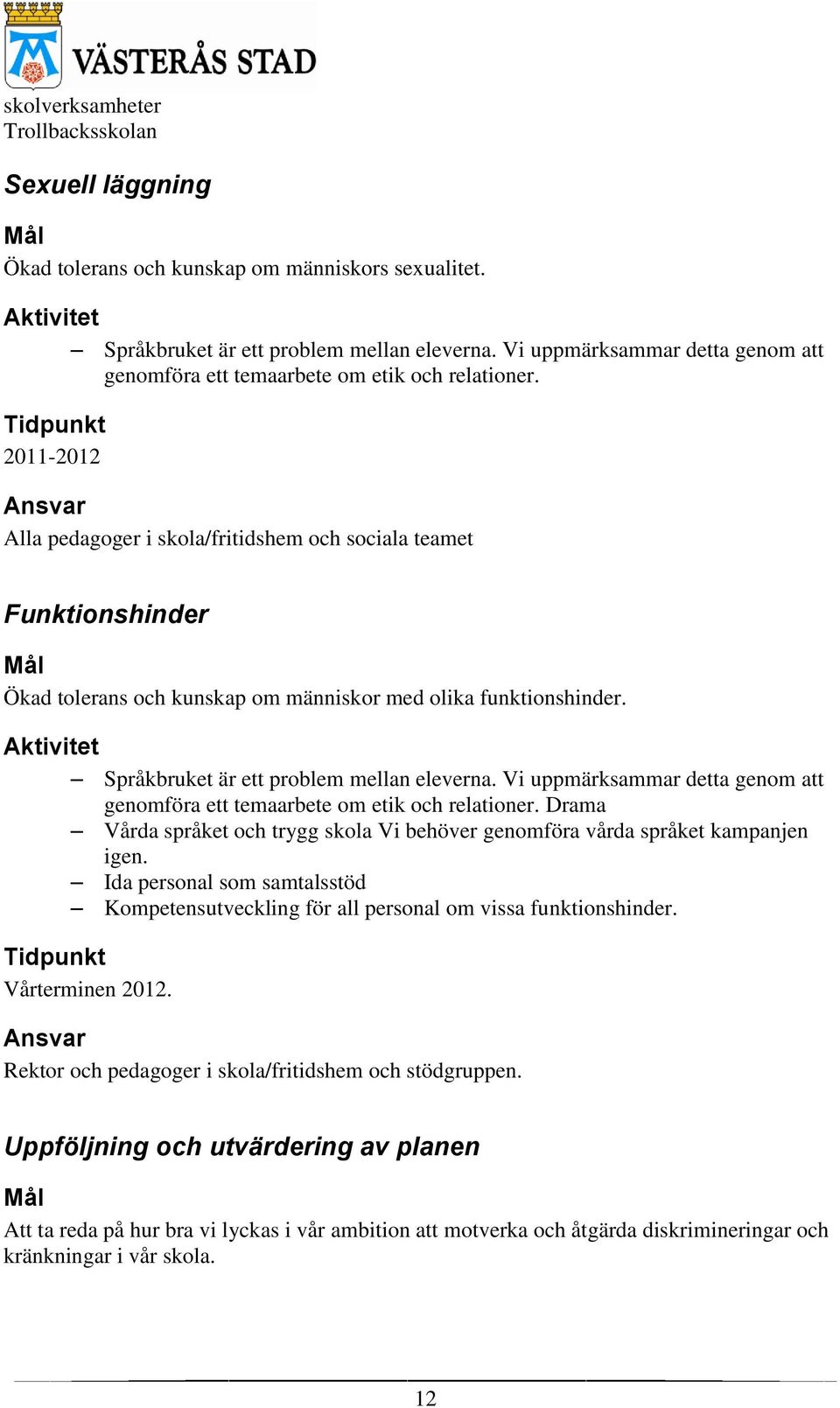 Tidpunkt 2011-2012 Ansvar Alla pedagoger i skola/fritidshem och sociala teamet Funktionshinder Mål Ökad tolerans och kunskap om människor med olika funktionshinder.