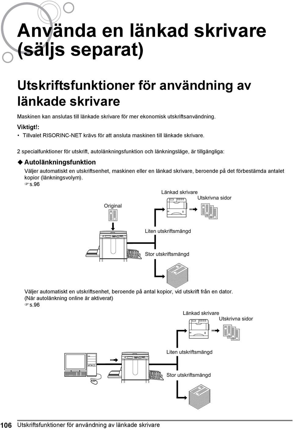 2 specialfunktioner för utskrift, autolänkningsfunktion och länkningsläge, är tillgängliga: Autolänkningsfunktion Väljer automatiskt en utskriftsenhet, maskinen eller en länkad