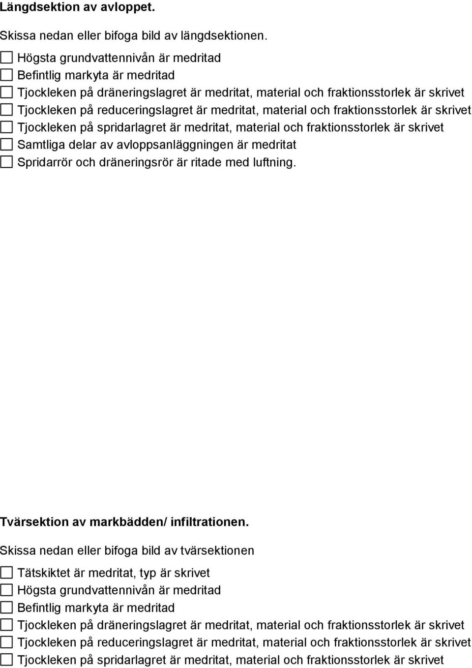 material och fraktionsstorlek är skrivet Tjockleken på spridarlagret är medritat, material och fraktionsstorlek är skrivet Samtliga delar av avloppsanläggningen är medritat Spridarrör och