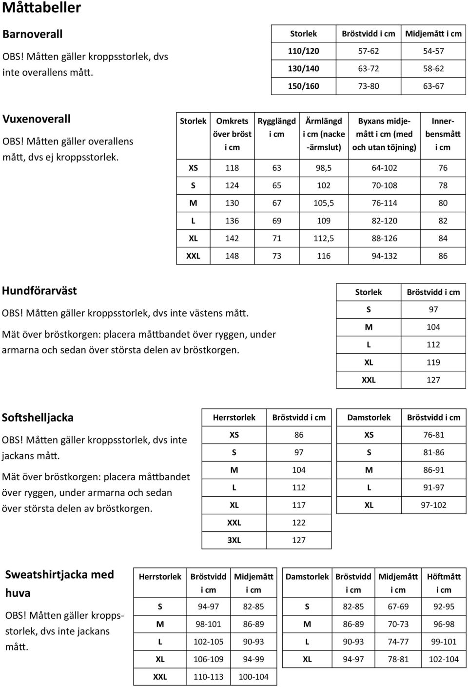 Storlek Omkrets över bröst Rygglängd Ärmlängd (nacke -ärmslut) Byxans midjemått (med och utan töjning) Innerbensmått XS 118 63 98,5 64-102 76 S 124 65 102 70-108 78 M 130 67 105,5 76-114 80 L 136 69