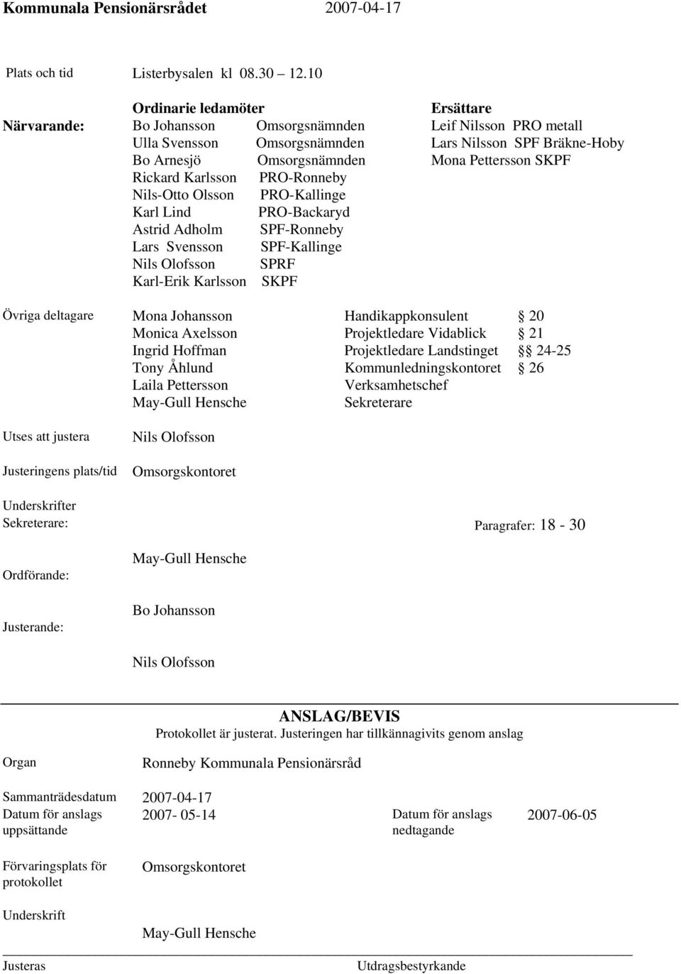 Astrid Adholm SPF-Ronneby Lars Svensson SPF-Kallinge Nils Olofsson SPRF Karl-Erik Karlsson SKPF Ersättare Leif Nilsson PRO metall Lars Nilsson SPF Bräkne-Hoby Mona Pettersson SKPF Övriga deltagare