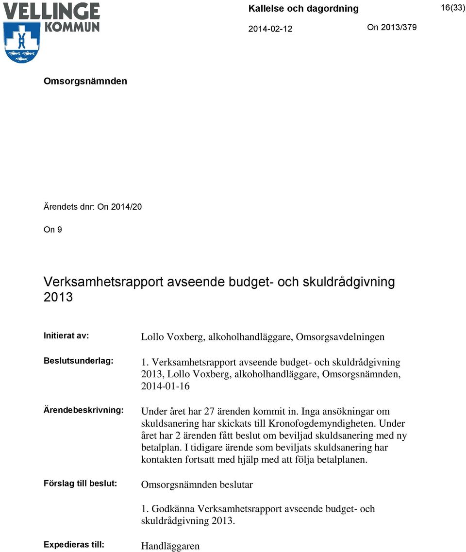 Verksamhetsrapport avseende budget- och skuldrådgivning 2013, Lollo Voxberg, alkoholhandläggare,, 2014-01-16 Under året har 27 ärenden kommit in.