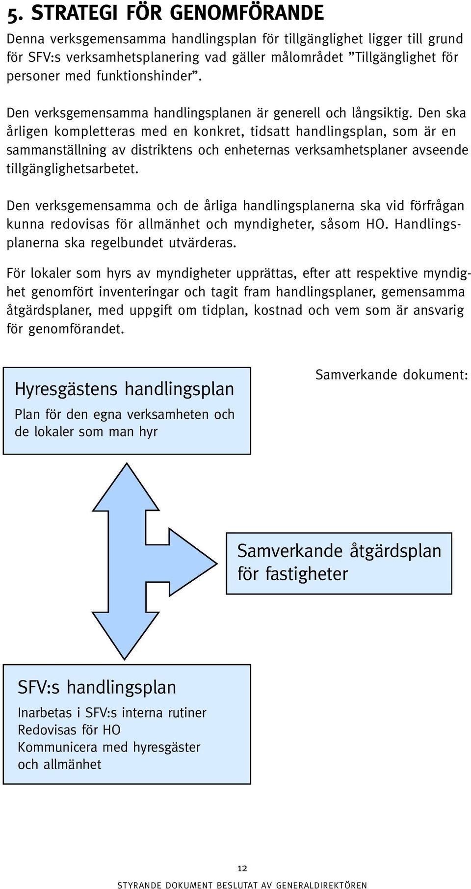 Den ska årligen kompletteras med en konkret, tidsatt handlingsplan, som är en sammanställning av distriktens och enheternas verksamhetsplaner avseende tillgänglighetsarbetet.