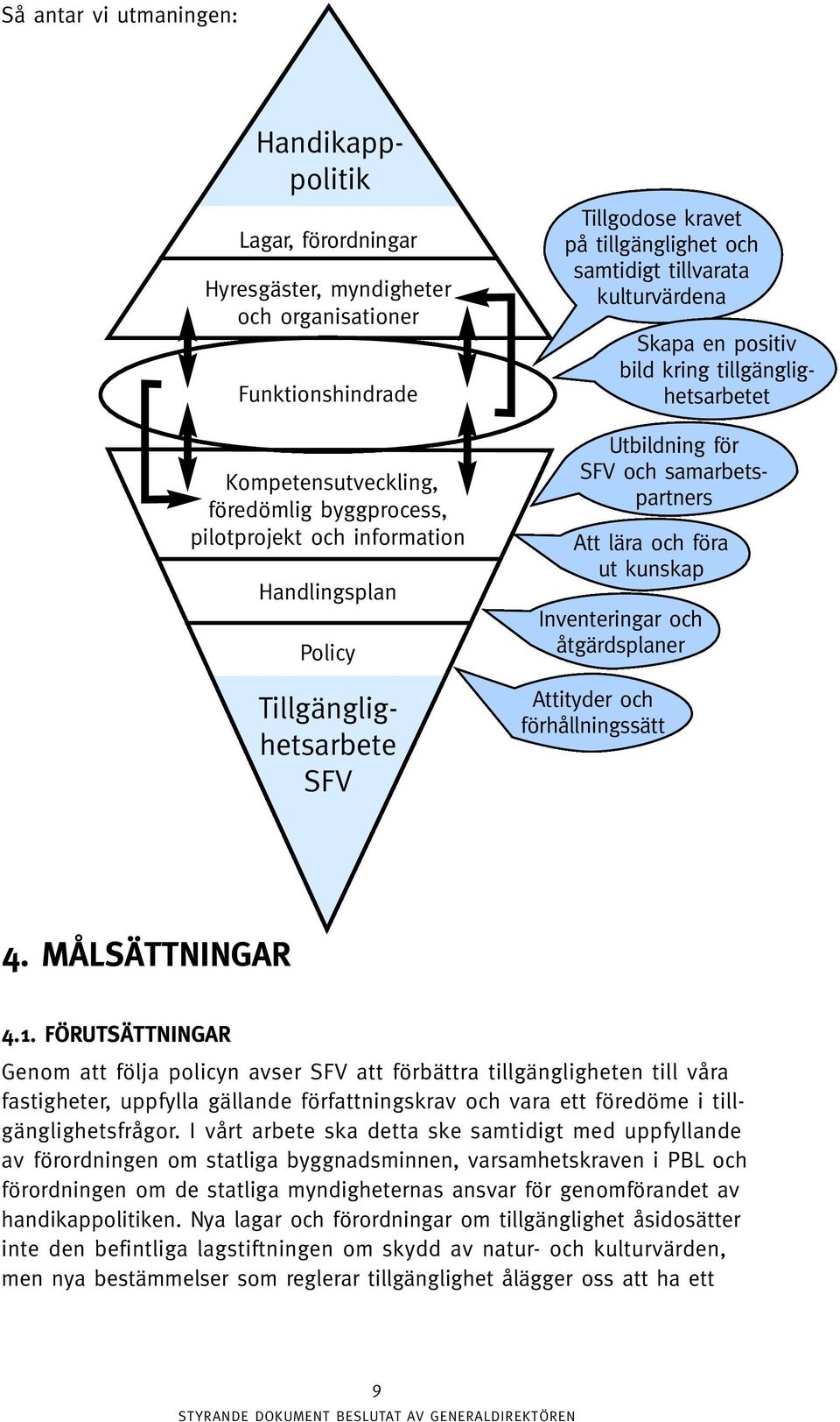Inventeringar och åtgärdsplaner Attityder och förhållningssätt Skapa en positiv bild kring tillgänglighetsarbetet 4. MÅLSÄTTNINGAR 4.1.