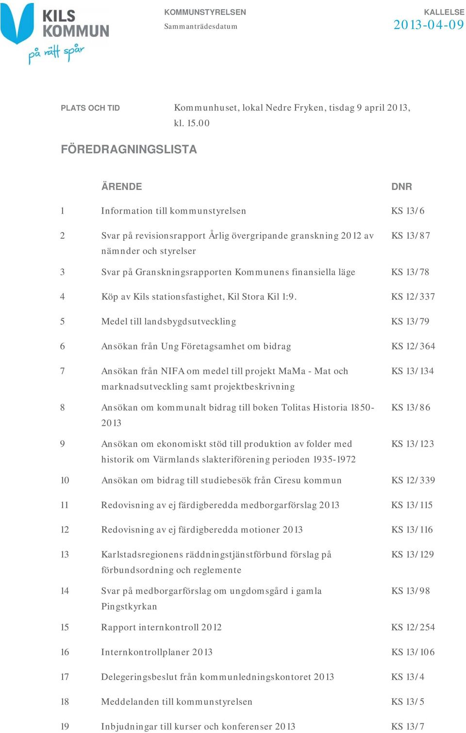 Granskningsrapporten Kommunens finansiella läge KS 13/78 4 Köp av Kils stationsfastighet, Kil Stora Kil 1:9.