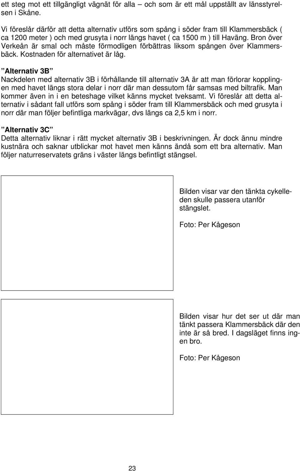 Bron över Verkeån är smal och måste förmodligen förbättras liksom spången över Klammersbäck. Kostnaden för alternativet är låg.