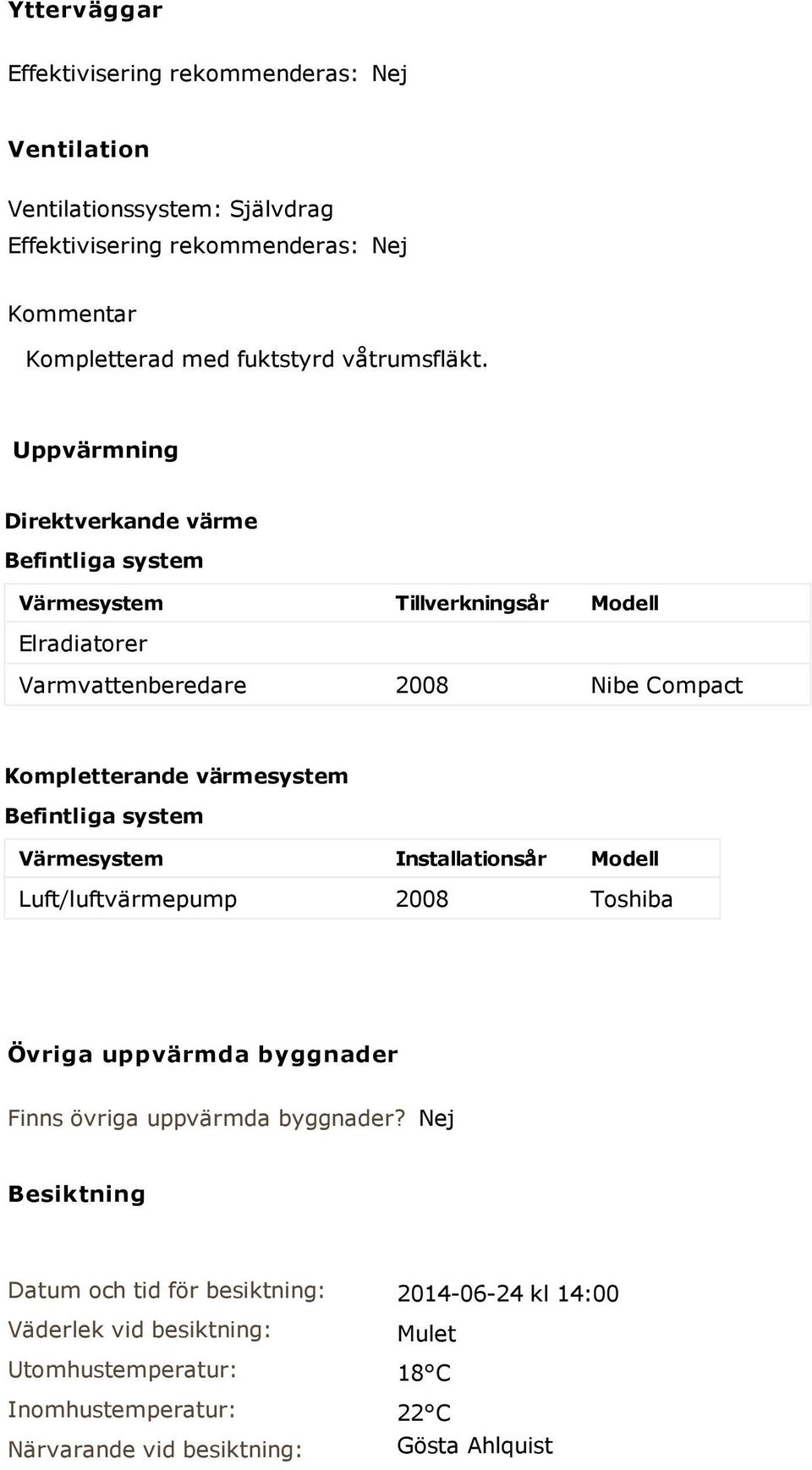 Uppvärmning Direktverkande värme Befintliga system Värmesystem Tillverkningsår Modell Elradiatorer Varmvattenberedare 2008 Nibe Compact Kompletterande värmesystem