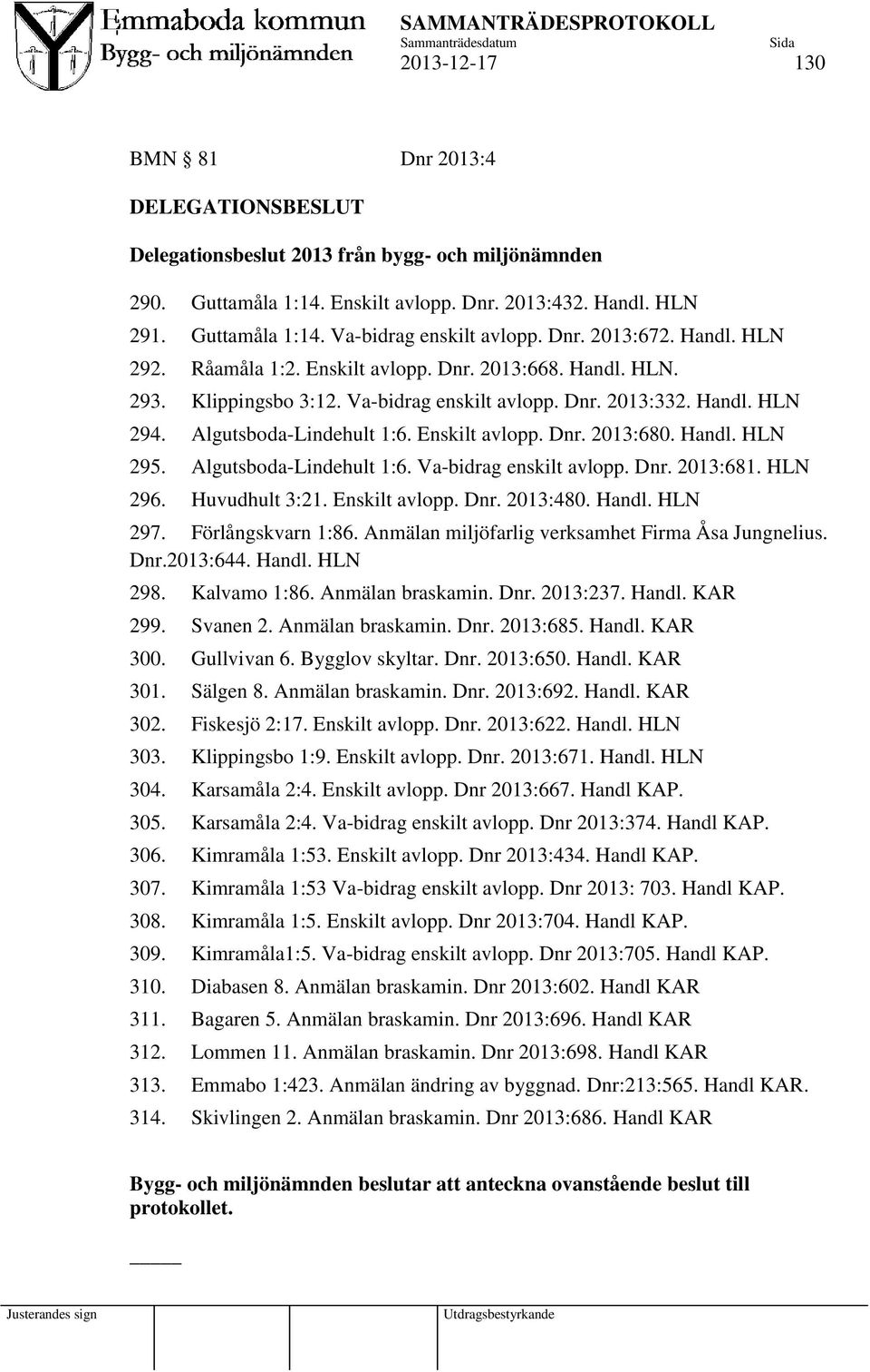 Enskilt avlopp. Dnr. 2013:680. Handl. HLN 295. Algutsboda-Lindehult 1:6. Va-bidrag enskilt avlopp. Dnr. 2013:681. HLN 296. Huvudhult 3:21. Enskilt avlopp. Dnr. 2013:480. Handl. HLN 297.