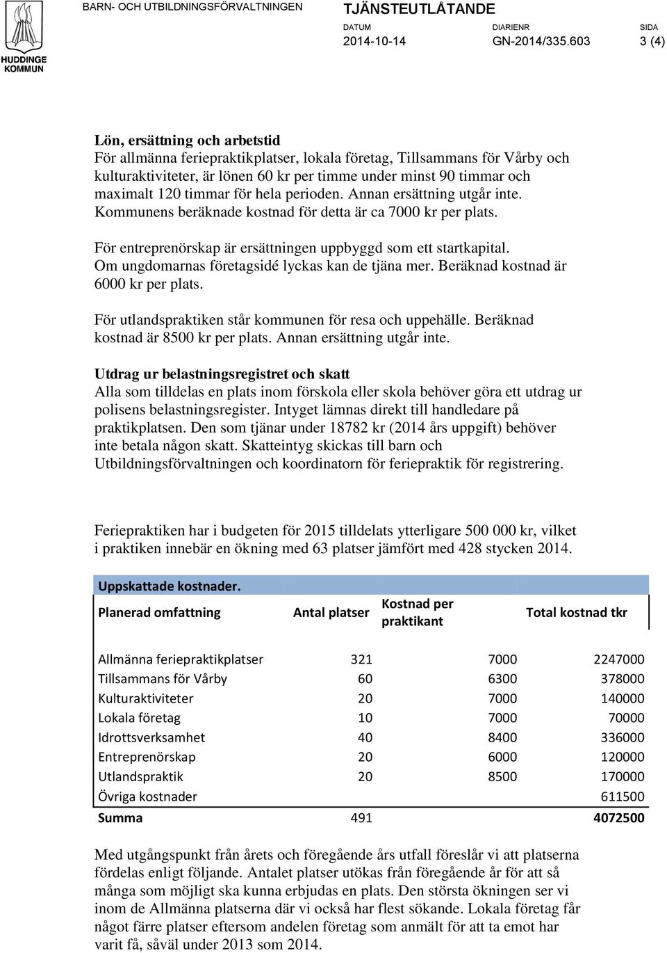 timmar för hela perioden. Annan ersättning utgår inte. Kommunens beräknade kostnad för detta är ca 7000 kr per plats. För entreprenörskap är ersättningen uppbyggd som ett startkapital.