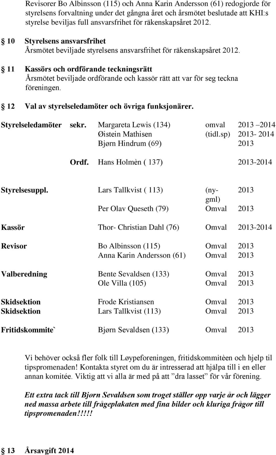 11 Kassörs och ordförande teckningsrätt Årsmötet beviljade ordförande och kassör rätt att var för seg teckna föreningen. 12 Val av styrelseledamöter och övriga funksjonärer. Styrelseledamöter sekr.