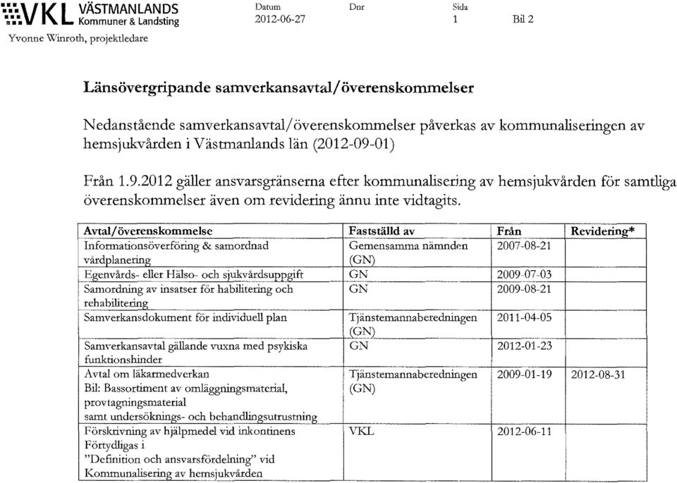 kommunaliseringen av hemsjukvården i Västmanlands län (2012-09-01) Från 1.9.2012 gäller ansvarsgränsetna efter kommunalisering av hemsjukvården för samtliga överenskommelser även om revidering ännu inte vidtagits.