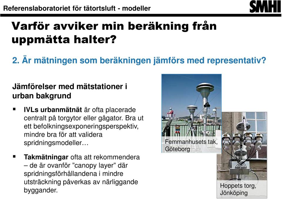 Bra ut ett befolkningsexponeringsperspektiv, mindre bra för att validera spridningsmodeller Takmätningar ofta att