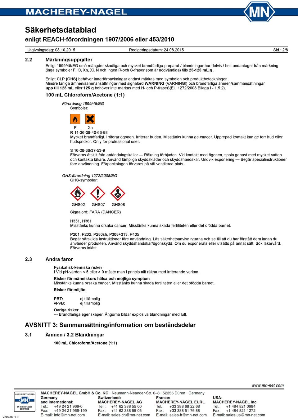 S-fraser som är nödvändiga) tills 25-125 ml g. Enligt CLP (GHS) behöver innerförpackningar endast märkas med symbolen och produktbeteckningen.