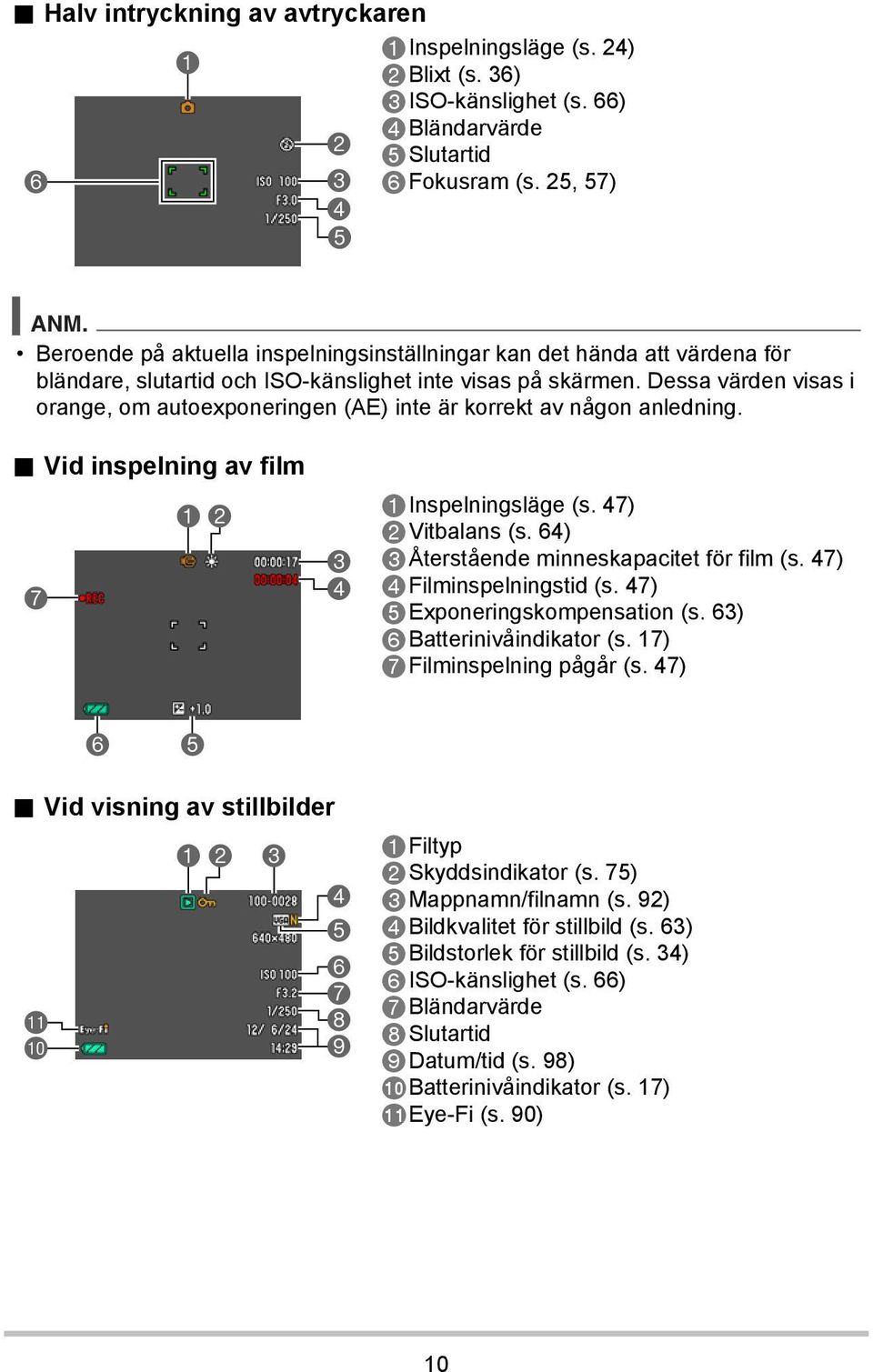 Dessa värden visas i orange, om autoexponeringen (AE) inte är korrekt av någon anledning.. Vid inspelning av film 7 12 3 4 Inspelningsläge (s. 47) Vitbalans (s.