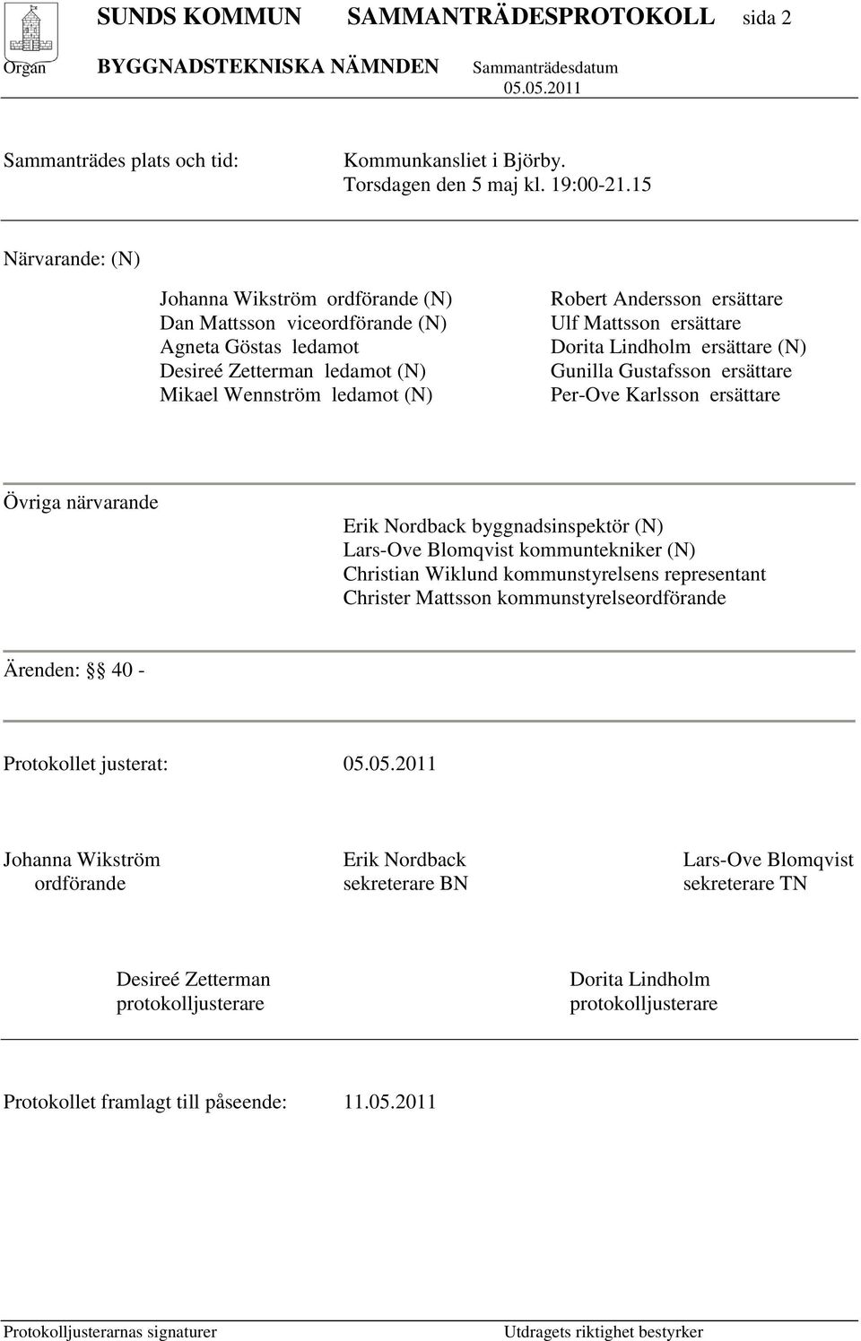 Mattsson ersättare Dorita Lindholm ersättare (N) Gunilla Gustafsson ersättare Per-Ove Karlsson ersättare Övriga närvarande Erik Nordback byggnadsinspektör (N) Lars-Ove Blomqvist kommuntekniker (N)