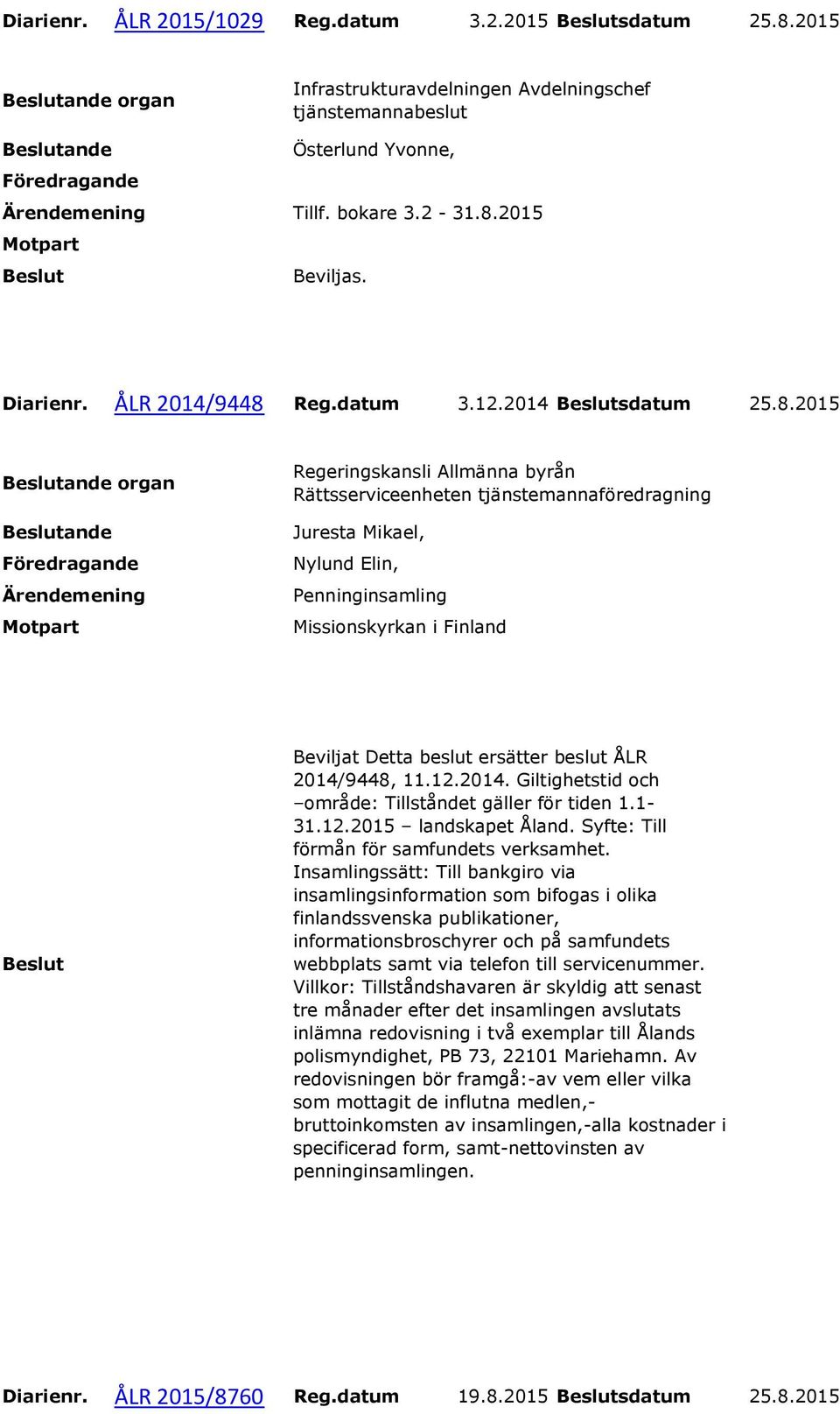 1-31.12.2015 landskapet Åland. Syfte: Till förmån för samfundets verksamhet.