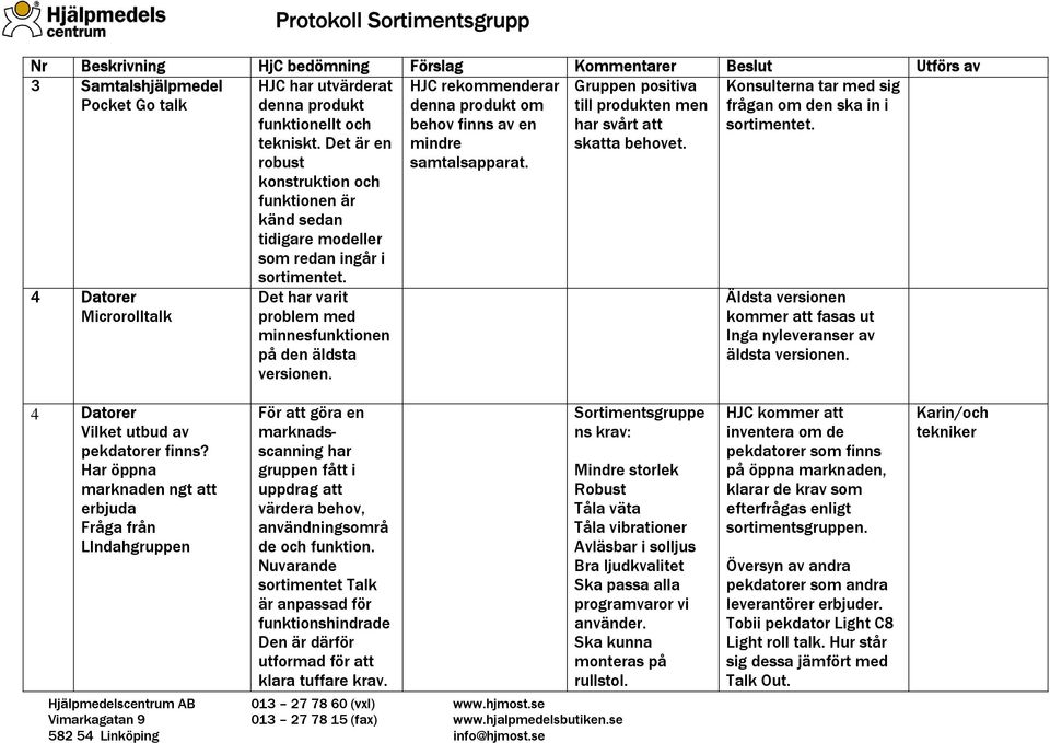 HJC rekommenderar denna produkt om behov finns av en mindre samtalsapparat. Gruppen positiva till produkten men har svårt att skatta behovet.