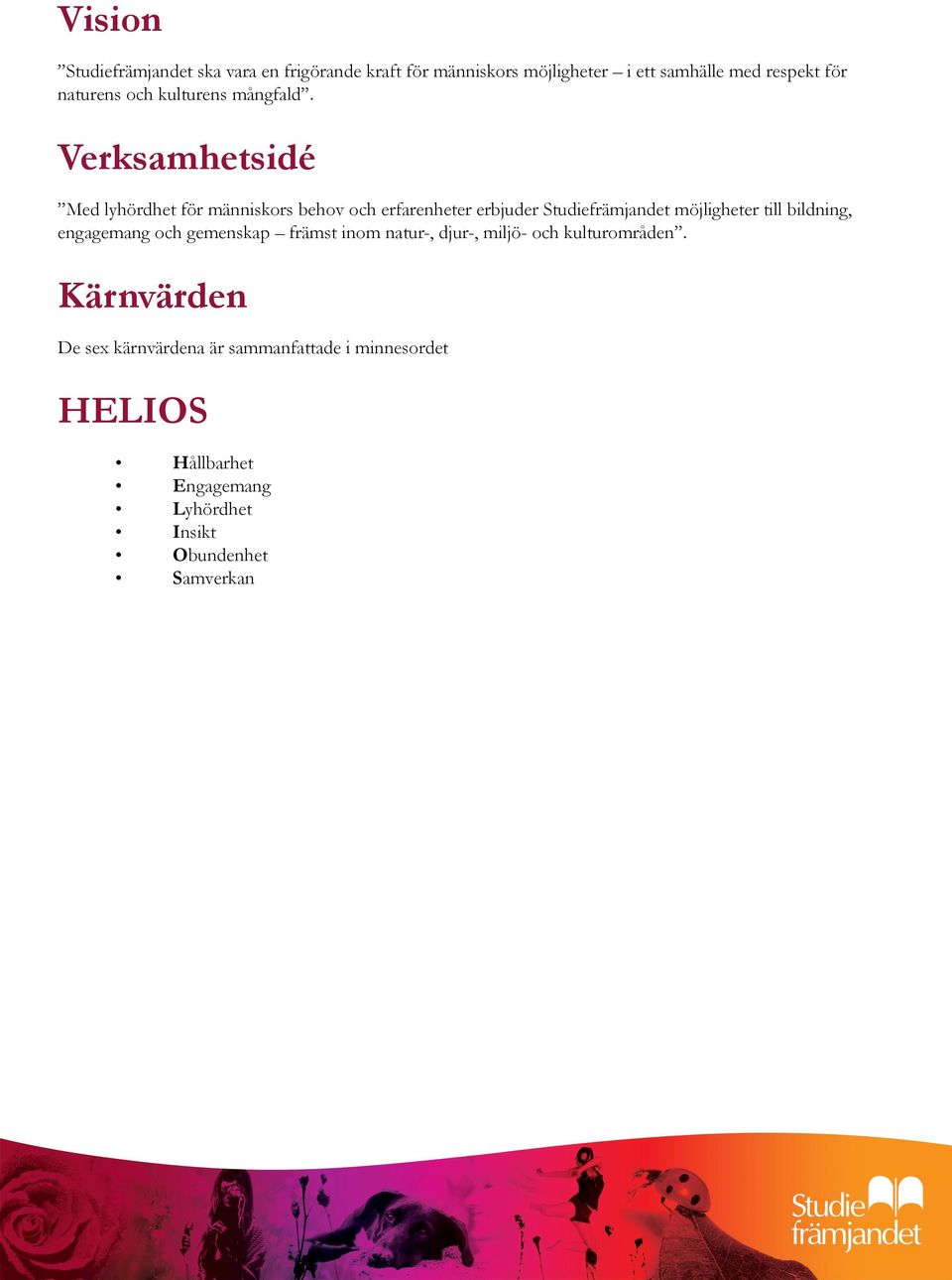 Verksamhetsidé Med lyhördhet för människors behov och erfarenheter erbjuder Studiefrämjandet möjligheter till