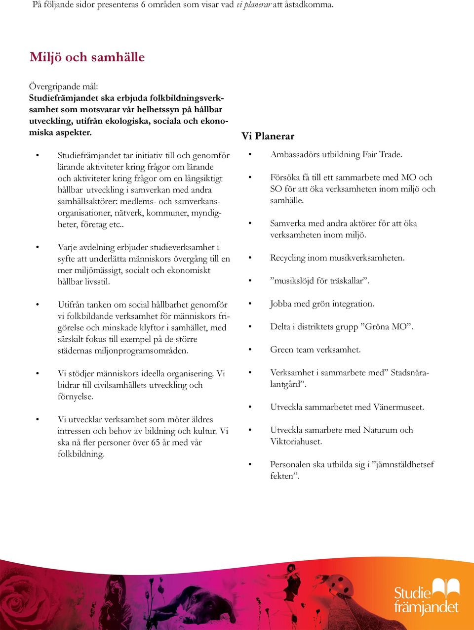 Studiefrämjandet tar initiativ till och genomför lärande aktiviteter kring frågor om lärande och aktiviteter kring frågor om en långsiktigt hållbar utveckling i samverkan med andra samhällsaktörer: