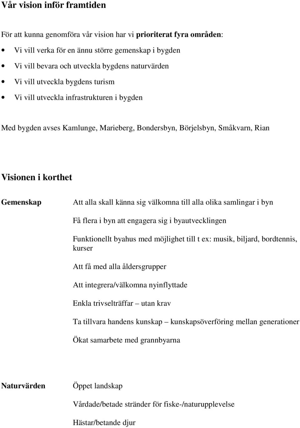 sig välkomna till alla olika samlingar i byn Få flera i byn att engagera sig i byautvecklingen Funktionellt byahus med möjlighet till t ex: musik, biljard, bordtennis, kurser Att få med alla
