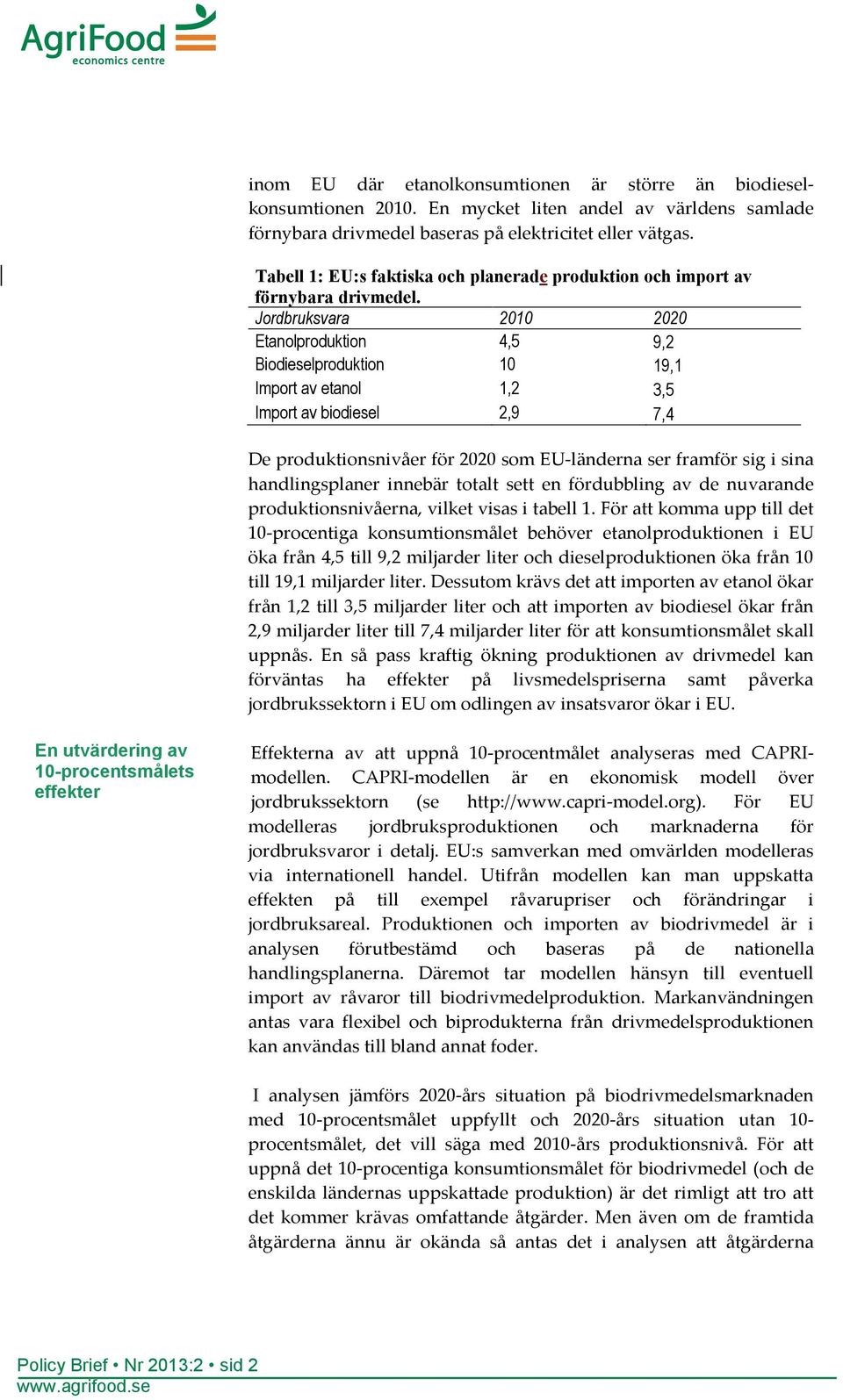 Jordbruksvara 2010 2020 Etanolproduktion 4,5 9,2 Biodieselproduktion 10 19,1 Import av etanol 1,2 3,5 Import av biodiesel 2,9 7,4 De produktionsnivåer för 2020 som EU-länderna ser framför sig i sina