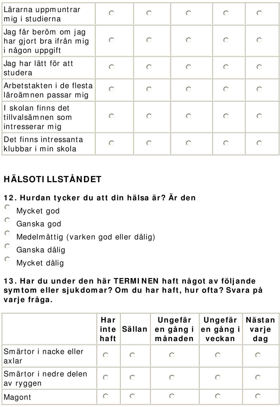 Är den Mycket god Ganska god Medelmåttig (varken god eller dålig) Ganska dålig Mycket dålig 13. Har du under den här TERMINEN haft något av följande symtom eller sjukdomar?