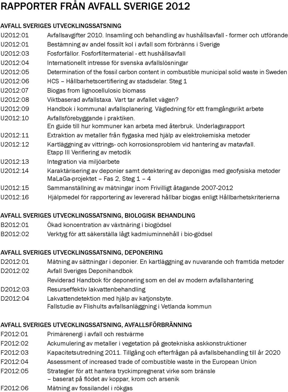 Fosforfiltermaterial - ett hushållsavfall U2012:04 Internationellt intresse för svenska avfallslösningar U2012:05 Determination of the fossil carbon content in combustible municipal solid waste in