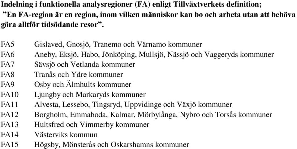 FA5 FA6 FA7 FA8 FA9 FA10 FA11 FA12 FA13 FA14 FA15 Gislaved, Gnosjö, Tranemo och Värnamo kommuner Aneby, Eksjö, Habo, Jönköping, Mullsjö, Nässjö och Vaggeryds kommuner